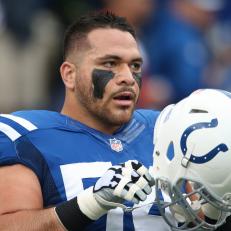 ORCHARD PARK, NY - SEPTEMBER 13: David Parry #54 of the Indianapolis Colts warms up before the start of NFL game action against the Buffalo Bills at Ralph Wilson Stadium on September 13, 2015 in Orchard Park, New York. (Photo by Tom Szczerbowski/Getty Images) *** Local Caption *** David Parry