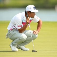 AUSTIN, TX - MARCH 26: Hideto Tanihara of Japan lines up a putt on the 14th hole of his match during the semifinals of the World Golf Championships-Dell Technologies Match Play at the Austin Country Club on March 26, 2017 in Austin, Texas. (Photo by Darren Carroll/Getty Images)