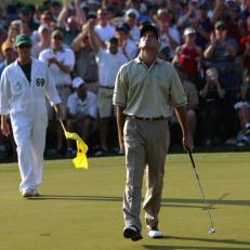 AUGUSTA, GA - APRIL 13:  Len Mattiace of the USA  celebrates on the 18th green after finishing seven under during the final round of the 2003 Masters Tournament at the Augusta National Golf Club on April 13, 2003 in Augusta, Georgia. (Photo by Getty Images)