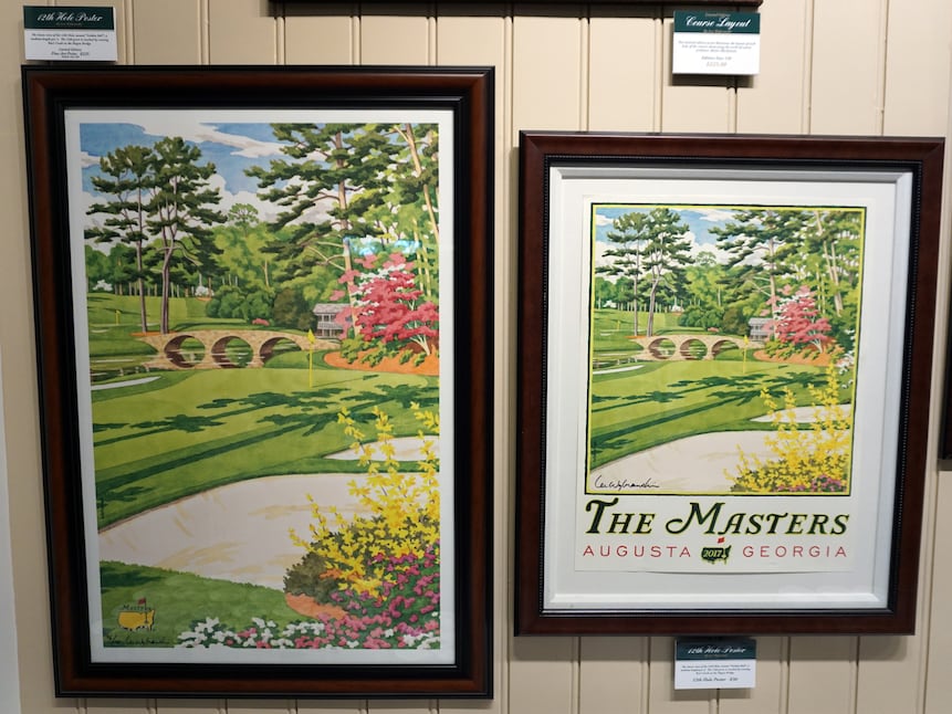 Limited Edition prints by Lee WybranskiIf you love golf and you love art, you're likely familiar with Lee Wybranski's work. The artist has made 100 prints of Augusta National's iconic 12th hole, and each print is selling for $225 (left). If you'd rather not pay that kind of money, you can buy a poster of that print for just $30 (right).