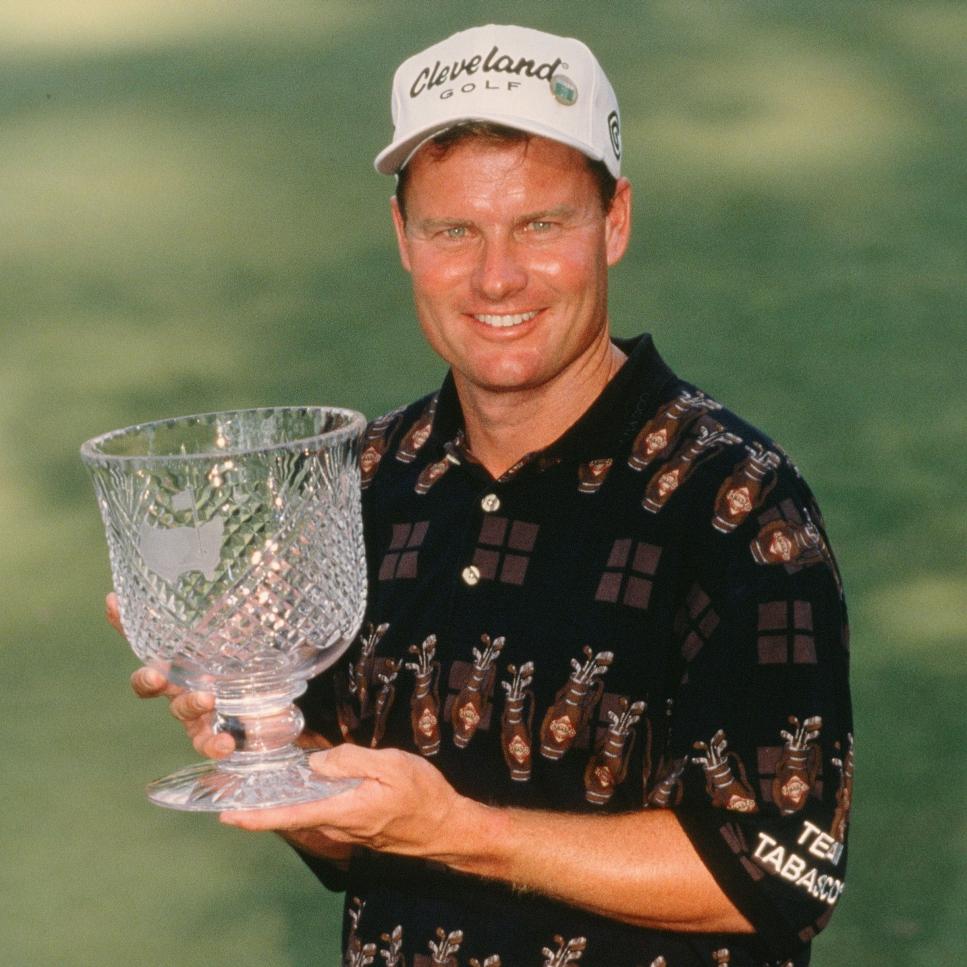 Par 3 Contest Winner Joe Durant Holds His Crystal Trophy At The 1999 Masters Tournament