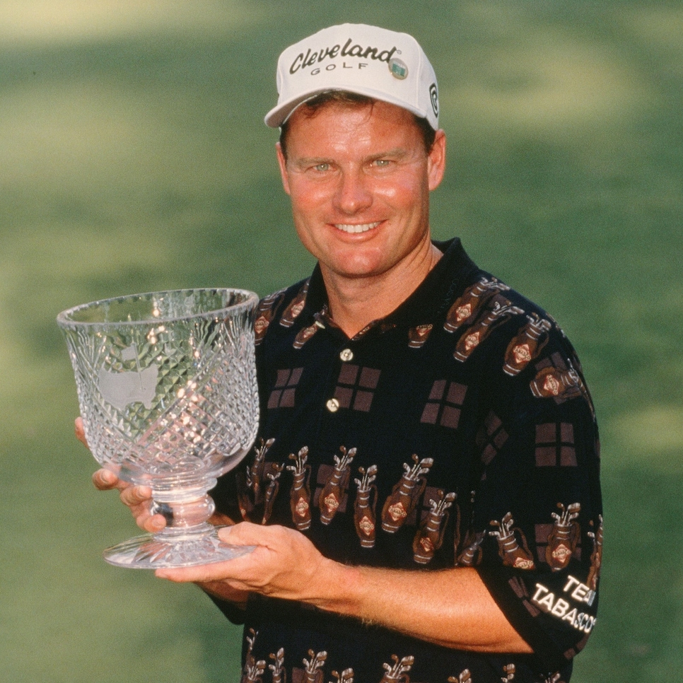 Par 3 Contest Winner Joe Durant Holds His Crystal Trophy At The 1999 Masters Tournament