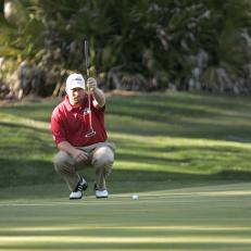 UNITED STATES - MARCH 25:  John Rollins lining up a putt during the third round of THE PLAYERS Championship held at the TPC Stadium Course in Ponte Vedra Beach, Florida on March 25, 2006.  (Photo by Chris Condon/PGA)