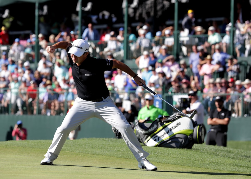 WILMINGTON, NC - MAY 7: Brian Harman reacts after putting for birdie on the 18th hole to win the Wells Fargo Championship at Eagle Point Golf Club on May 7, 2017 in Wilmington, North Carolina. (Photo by Streeter Lecka/Getty Images)