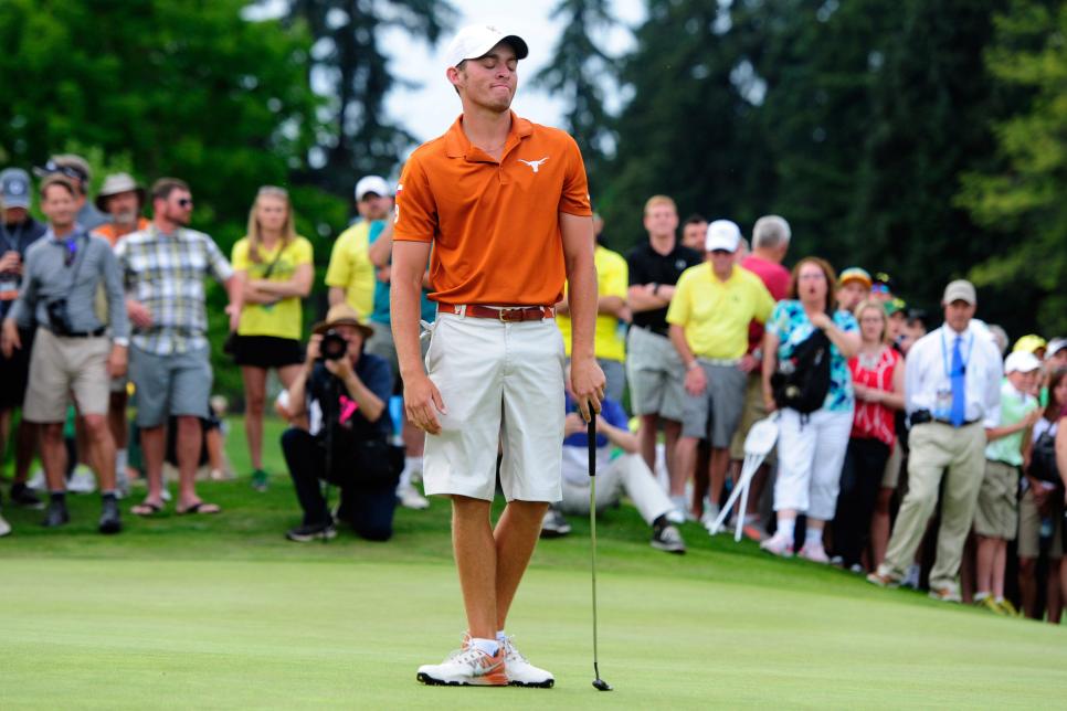 EUGENE, OR - JUNE 1: Taylor Funk of Texas reacts to missing a putt on the 20th hole of play during the final round of the 2016 NCAA Division I Men\'s Golf Championship at Eugene Country Club on June 1, 2016 in Eugene, Oregon. (Photo by Steve Dykes/Getty Images)