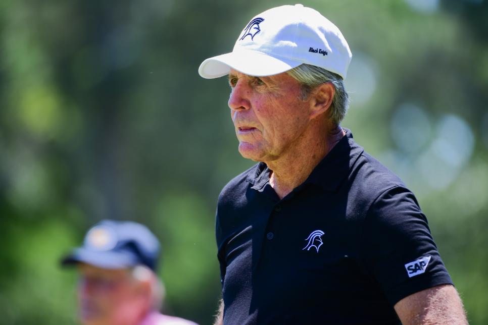 THE WOODLANDS, TX - MAY 06: Gary Player watches his tee shot on 2 during the Insperity Invitational round 2 play  on May 06, 2017 at The Woodlands Country Club, The Woodlands, TX. (Photo by Ken Murray/Icon Sportswire)