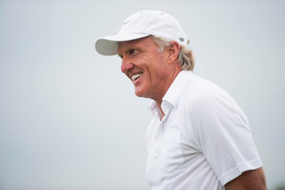 HAIKOU - OCTOBER 23: Professional golfer Greg Norman of Australia attends at the Golf Clinic with Greg Norman of Australia with the China National Junior Team during the Mission Hill Celebrity Pro-Am on 23 October 2014, in Haikou, China. (Photo by Power Sport Images/Getty Images)