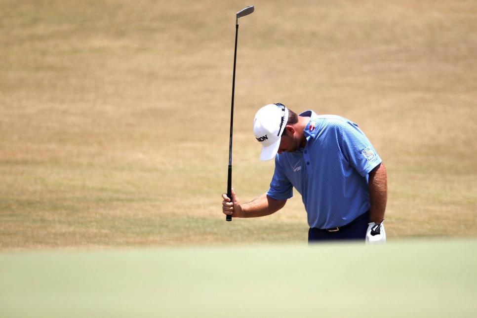 Graeme McDowell shows his frustration after his shot near the sixth green during the third round of the U.S. Open at Pinehurst No. 2 in Pinehurst, N.C., Saturday, June 14, 2014. (Robert Willett/Charlotte Observer/MCT)