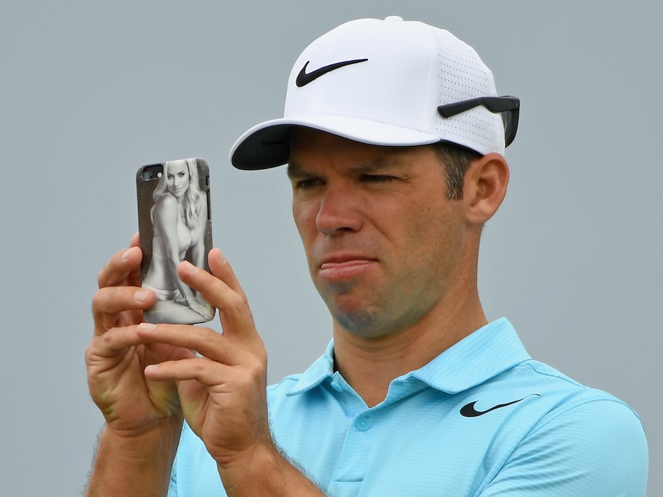 Paul Casey s phone case features a saucy photo of his famous wife