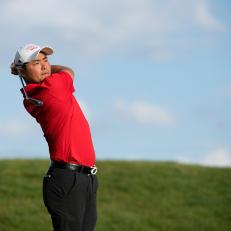 SUGAR GROVE, IL - MAY 29: John Oda of UNLV tees off during the Division I Men\'s Golf Individual Championship held at Rich Harvest Farms on May 29, 2017 in Sugar Grove, Illinois. Oda tied for 8th place with a -3 score. (Photo by Jamie Schwaberow/NCAA Photos via Getty Images)