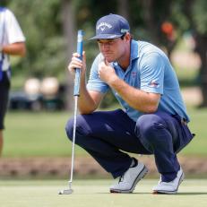 IRVING, TX - MAY 20: Grayson Murray lines up his putt on #14 during the third round of the AT&T Byron Nelson on May 20, 2017 at the TPC Four Seasons Resort in Irving, TX.  (Photo by Andrew Dieb/Icon Sportswire)