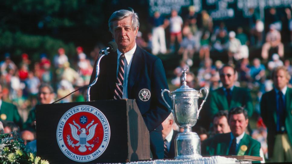 Image shows Frank D. "Sandy" Tatum with the trophy during the 1979 U.S. Open Championship. June. (Copyright Unknown/Courtesy USGA Museum)