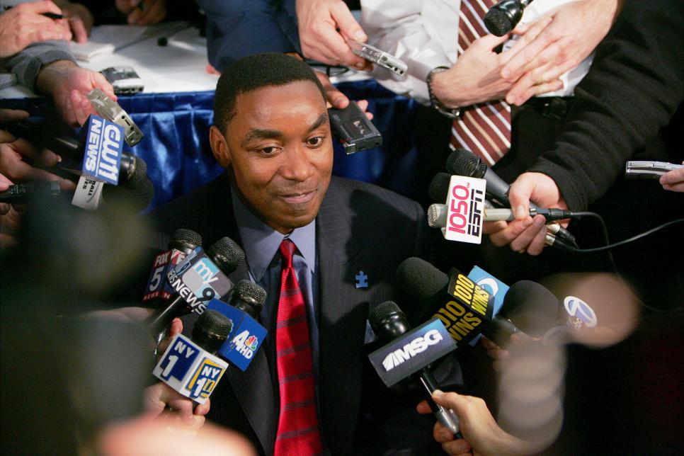 New York Knicks' head coach Isiah Thomas addresses the media