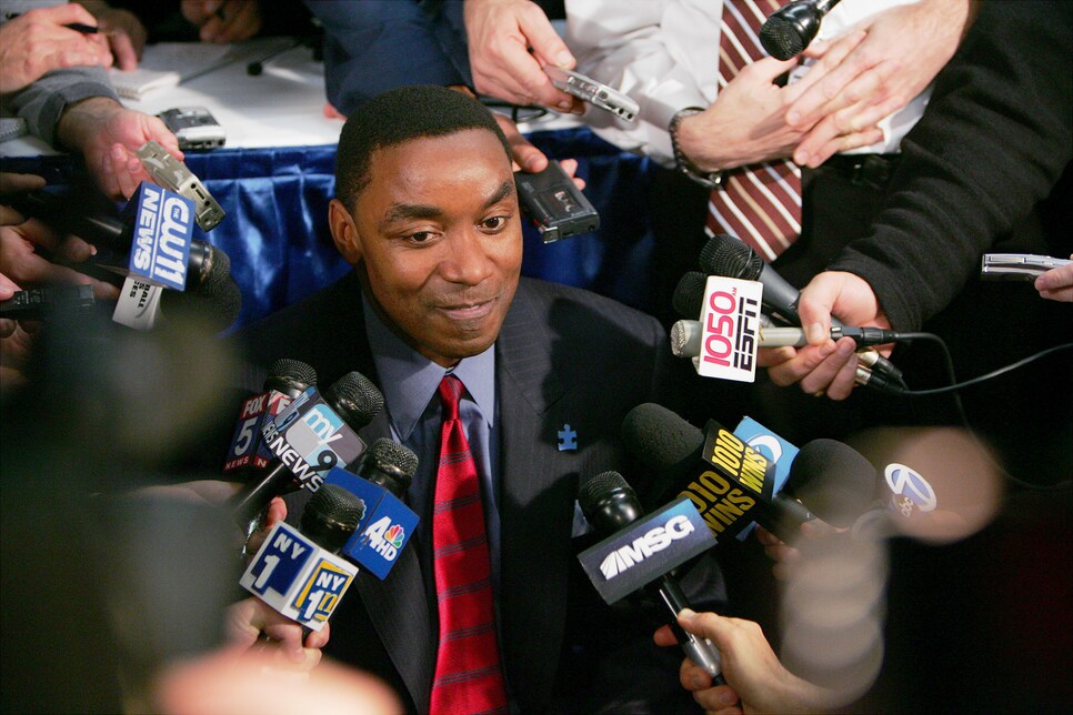 New York Knicks' head coach Isiah Thomas addresses the media