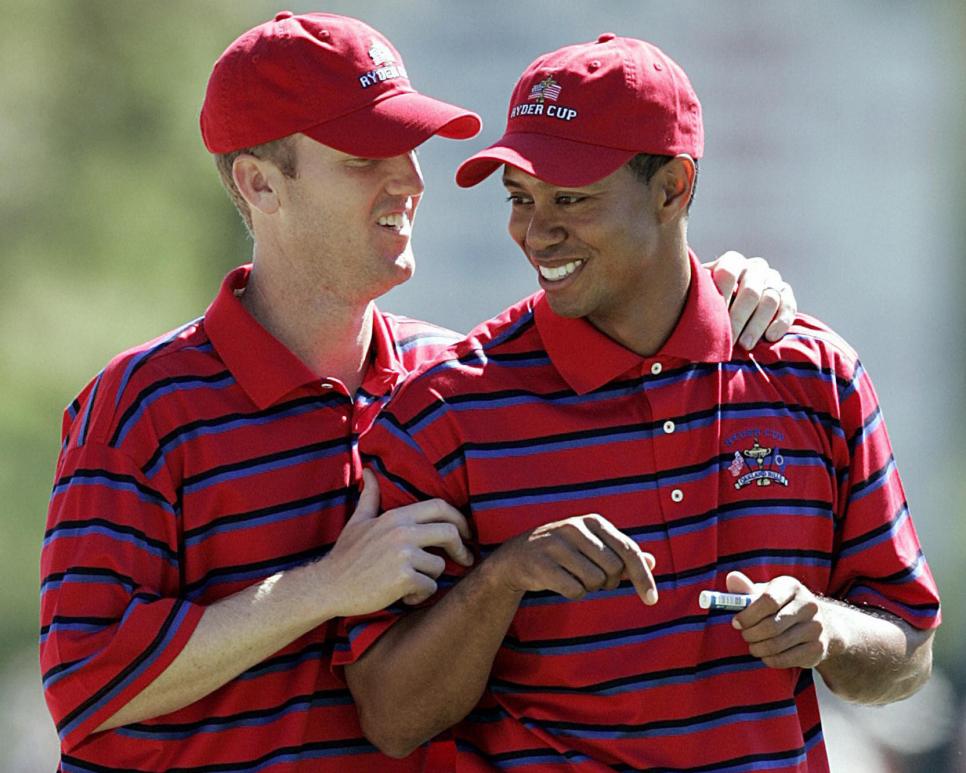 US Ryder Cup teammates Tiger Woods (R) a