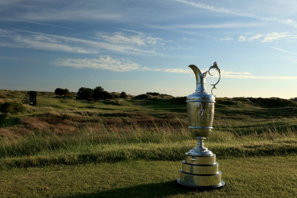 SOUTHPORT, ENGLAND - APRIL 23:  The Claret Jug the Open Championship trophy on the tee at the par 3, seventh hole at Royal Birkdale Golf Club, the host course for the 2017 Open Championship on April 23, 2017  in Southport, England.  (Photo by David Cannon/R&A/R&A via Getty Images)