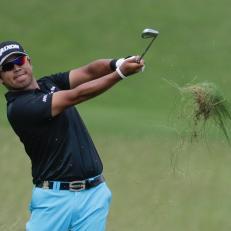 Hideki Matsuyama, of Japan, hits from the rough on the first hole during the third round of the U.S. Open golf tournament Saturday, June 17, 2017, at Erin Hills in Erin, Wis. (AP Photo/Chris Carlson)