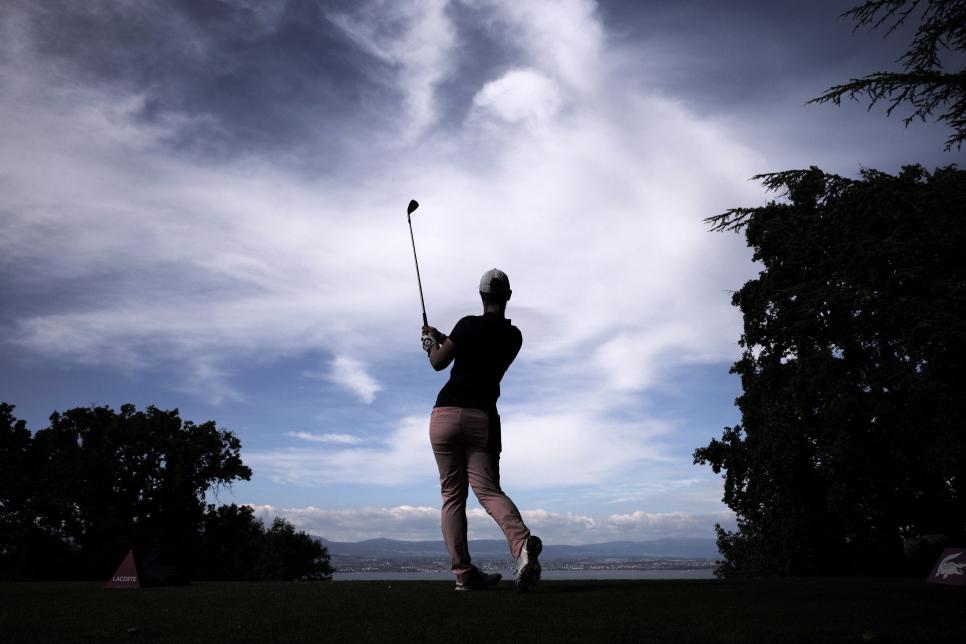 A competitor takes part in the Evian golf Championships, a major tournament on the women\'s calendar, on September 12, 2014 in Evian-les-Bains, French Alps.     AFP PHOTO / JEFF PACHOUD        (Photo credit should read JEFF PACHOUD/AFP/Getty Images)