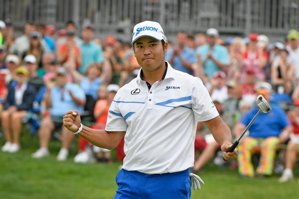 AKRON, OH - AUGUST 06: Hideki Matsuyama of Japan reacts to making at birdie at the 18th hole during the final round of the World Golf Championships-Bridgestone Invitational at Firestone Country Club on August 6, 2017, in Akron, Ohio. (Photo by Stan Badz/PGA TOUR)