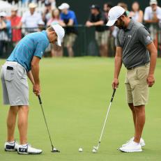 during a practice round prior to the 2017 PGA Championship at Quail Hollow Club on August 7, 2017 in Charlotte, North Carolina.