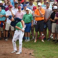 CHARLOTTE, NC - AUGUST 11: Jordan Spieth hits an iron out  from a natural area on the 10th hole during the second round of the PGA Championship on August 11, 2017 at Quail Hollow Golf Club in Charlotte, NC. (Photo by William Howard/Icon Sportswire via Getty Images)