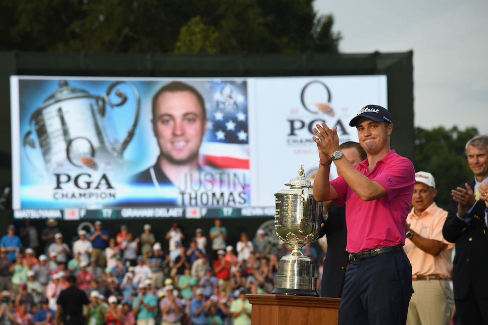 during the final round of the 2017 PGA Championship at Quail Hollow Club on August 13, 2017 in Charlotte, North Carolina.