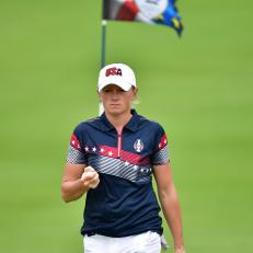 plays a shot during practice for The Solheim Cup at the Des Moines Country Club on August 16, 2017 in West Des Moines, Iowa.