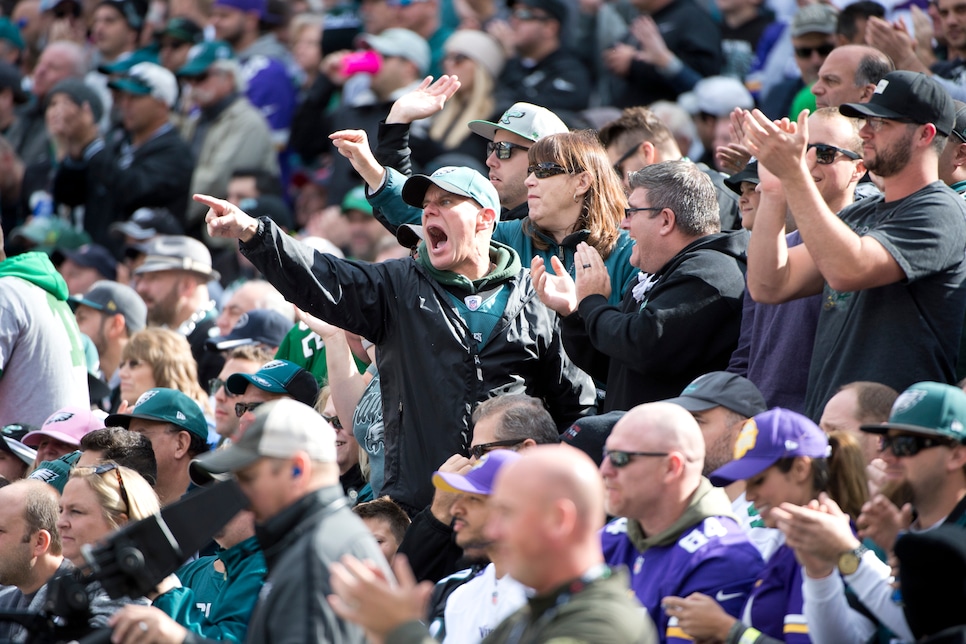 A Philadelphia Eagles fan cheers on his team during the game