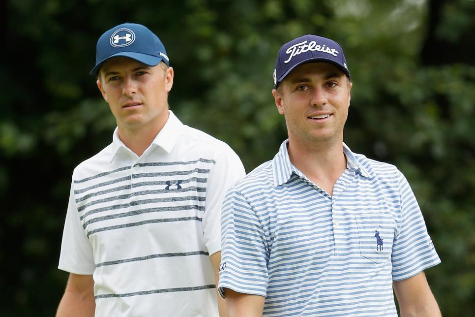 WESTBURY, NY - AUGUST 25:  Jordan Spieth (L) and Justin Thomas of the United States stand on the tenth green during round two of The Northern Trust at Glen Oaks Club on August 25, 2017 in Westbury, New York.  (Photo by Jamie Squire/Getty Images)