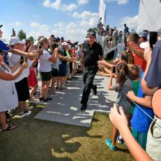 LAKE FOREST, IL - SEPTEMBER 16: Phil Mickelson greets fans along the second hole hole during the third round of the BMW Championship at Conway Farms Golf Club on September 16, 2017 in Lake Forest, Illinois. (Photo by Stan Badz/PGA TOUR)