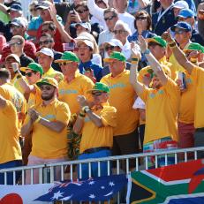 JERSEY CITY, NJ - SEPTEMBER 28: "FANATICS" cheer in the stands at the first tee during the first round of the Presidents Cup at Liberty National Golf Club on September 28, 2017, in Jersey City, New Jersey. (Photo by Scott Halleran/PGA TOUR)