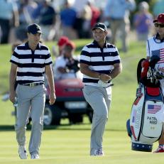 during the first day foursomes matches for the 2017 Presidents Cup at the Liberty National Golf Club on September 28, 2017 in Jersey City, New Jersey.