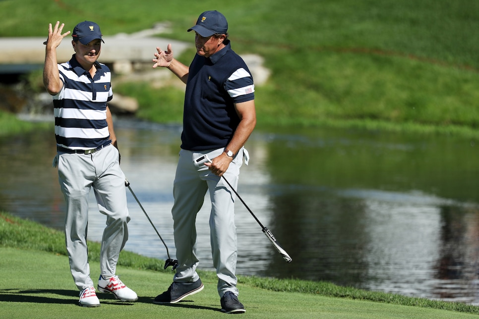 during Thursday foursome matches of the Presidents Cup at Liberty National Golf Club on September 28, 2017 in Jersey City, New Jersey.