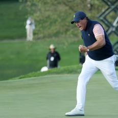 during Friday four-ball matches of the Presidents Cup at Liberty National Golf Club on September 29, 2017 in Jersey City, New Jersey.
