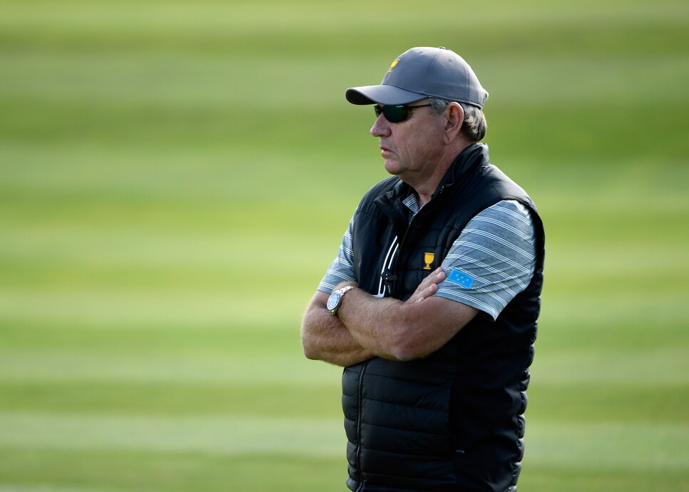 JERSEY CITY, NJ - SEPTEMBER 29: Nick Price of Zimbabwe and Captain of the International Team on the course during the Friday four-ball matches during the second round of the Presidents Cup at Liberty National Golf Club on September 29, 2017, in Jersey City, New Jersey. (Photo by Chris Condon/PGA TOUR)