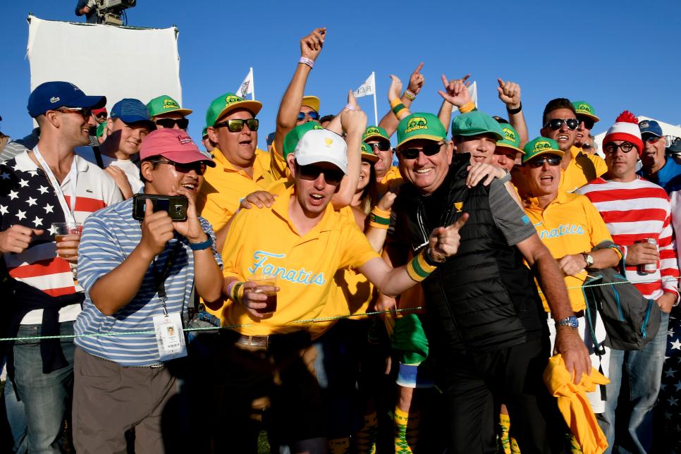 JERSEY CITY, NJ - OCTOBER 01: Nick Price of Zimbabwe and Captain of the International Team poses with Fanatics Fans on the course during the Sunday singles matches at the Presidents Cup at Liberty National Golf Club on October 1, 2017, in Jersey City, New Jersey. (Photo by Chris Condon/PGA TOUR)