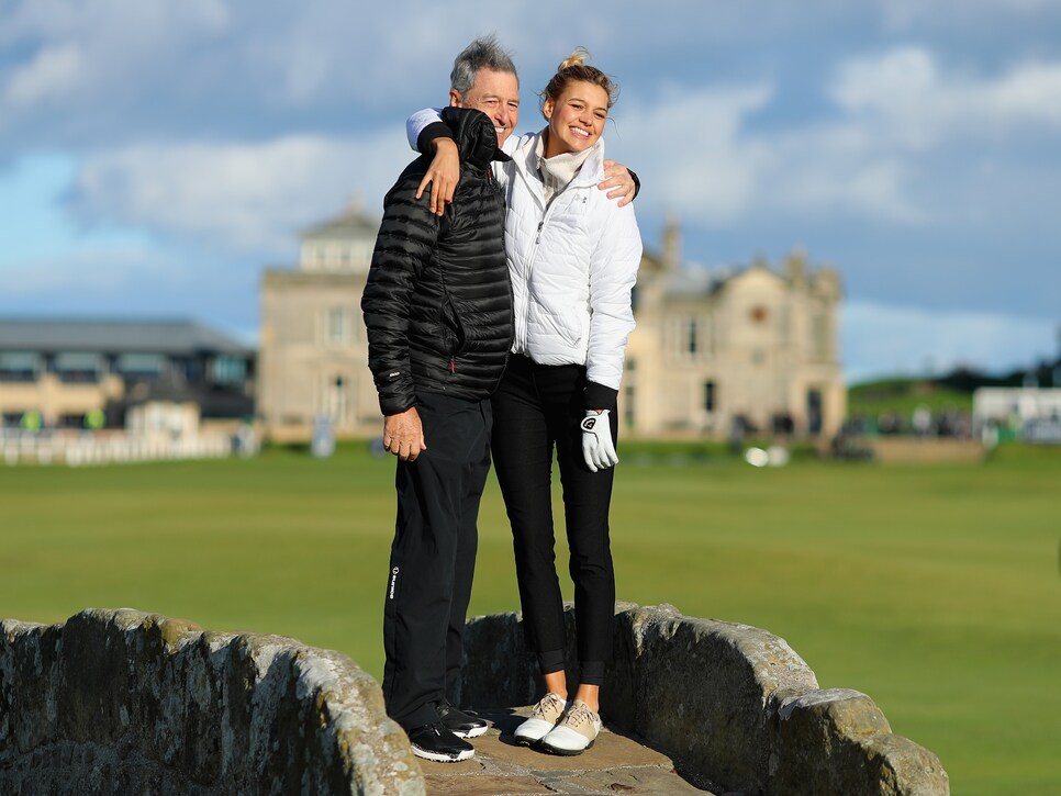 Actress/model Kelly Rohrbach poses for photos on the Swilken bridge with her dad, Clay Rohrbach