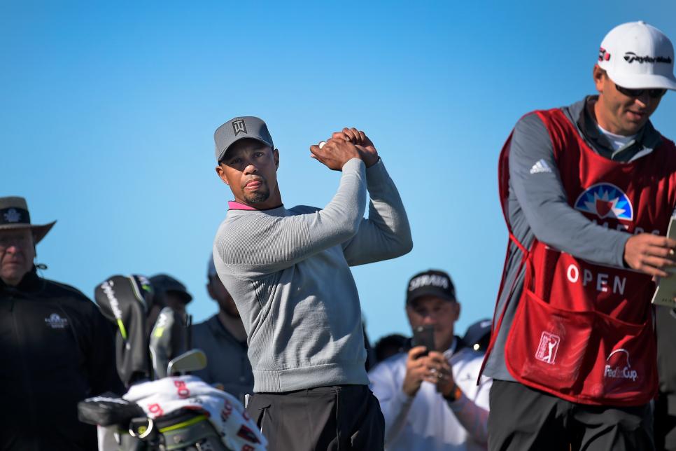 SAN DIEGO, CA - JANUARY 27: Tiger Woods takes a practice swing on the 12th hole during the second round of the Farmers Insurance Open at Torrey Pines North Golf Course on January 27, 2017 in San Diego, California. (Photo by Stan Badz/PGA TOUR)