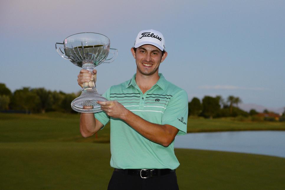 LAS VEGAS, NV - NOVEMBER 05:  Patrick Cantlay poses with the winner\'s trophy after winning the Shriners Hospitals For Children Open at the TPC Summerlin on November 5, 2017 in Las Vegas, Nevada. (Photo by Robert Laberge/Getty Images)