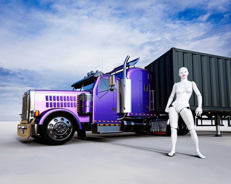 Female cyborg standing near purple semi-truck