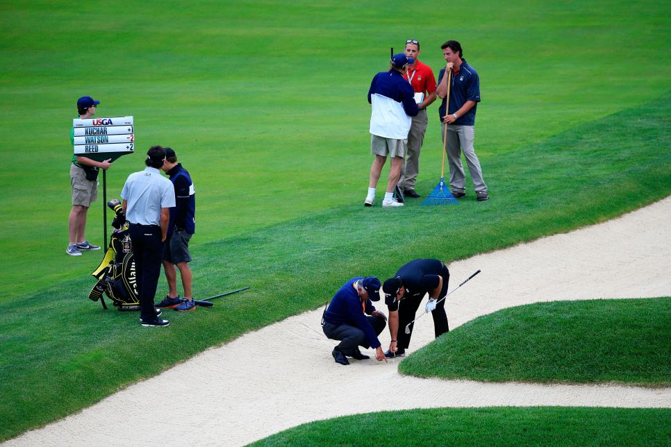 during the continuation of the weather delayed first round of the U.S. Open at Oakmont Country Club on June 17, 2016 in Oakmont, Pennsylvania.
