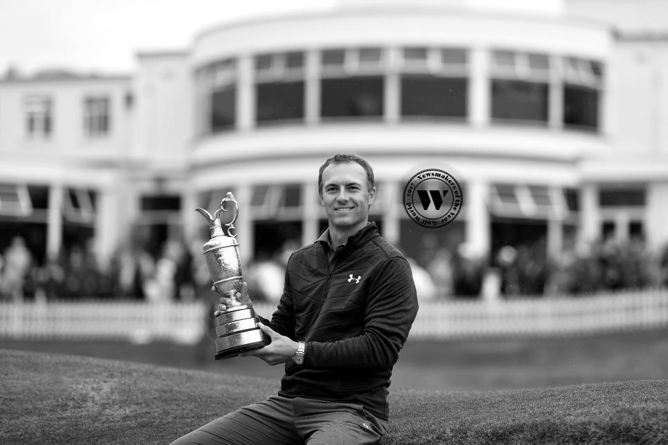 SOUTHPORT, ENGLAND - JULY 23: (EDITORS NOTE: THIS IMAGE HAS BEEN CONVERTED TO BLACK & WHITE)  Jordan Spieth of the United States holds the Claret Jug after winning the 146th Open Championship  at Royal Birkdale on July 23, 2017 in Southport, England. (Photo by Richard Heathcote/R&A/R&A via Getty Images)