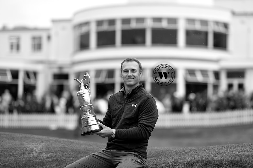 SOUTHPORT, ENGLAND - JULY 23: (EDITORS NOTE: THIS IMAGE HAS BEEN CONVERTED TO BLACK & WHITE)  Jordan Spieth of the United States holds the Claret Jug after winning the 146th Open Championship  at Royal Birkdale on July 23, 2017 in Southport, England. (Photo by Richard Heathcote/R&A/R&A via Getty Images)