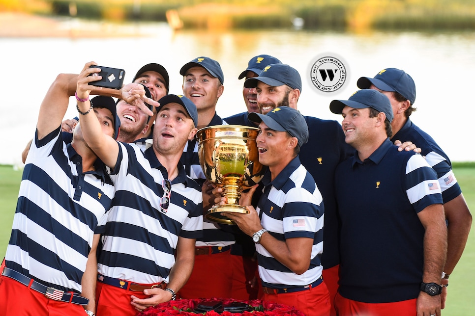 JERSEY CITY, NJ - OCTOBER 01:  (L-R) U.S. Team members Kevin Kisner, Daniel Berger, Brooks Koepka, Justin Thomas, Jordan Spieth, Matt Kuchar, Dustin Johnson, Rickie Fowler, Patrick Reed and Phil Mickelson take a selfie with the Presidents Cup trophy following Sunday Singles matches at the Presidents Cup at Liberty National Golf Club on October 1, 2017, in Jersey City, New Jersey. (Photo by Keyur Khamar/PGA TOUR)