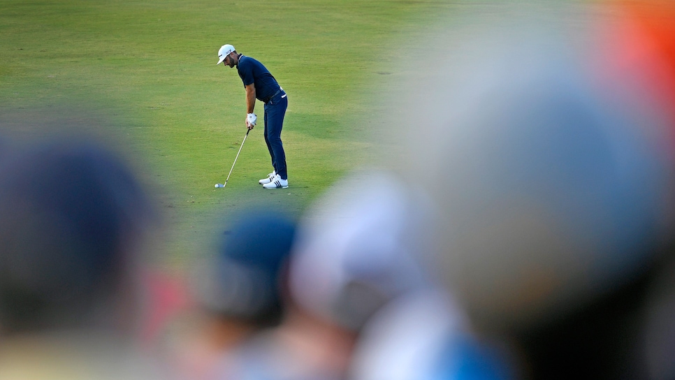 LAHAINA, HI - JANUARY 07: Dustin Johnson plays a shot on the tenth fairway during the final round of the Sentry Tournament of Champions at Plantation Course at Kapalua on January 7, 2018 in Lahaina, Hawaii. (Photo by Stan Badz/PGA TOUR)