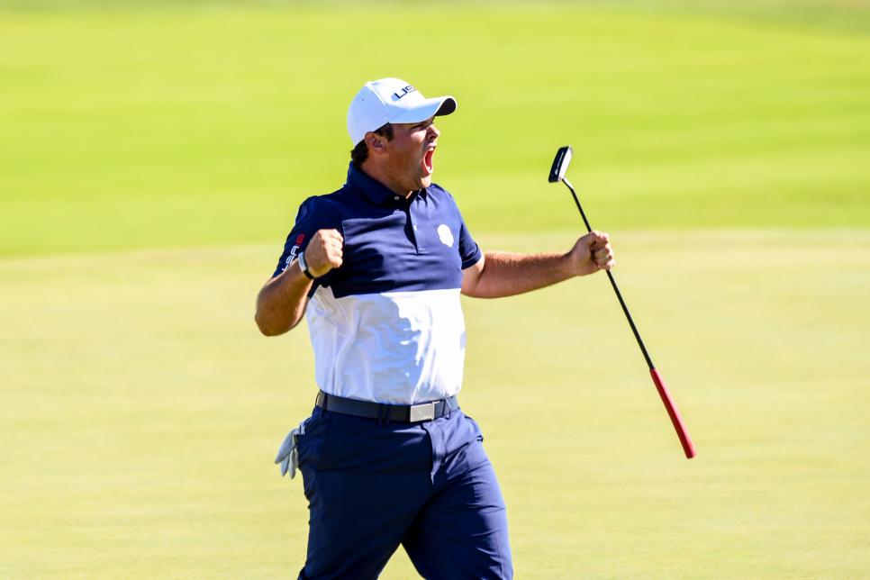 CHASKA, MN - OCTOBER 02:  Patrick Reed of Team USA celebrates his 1-up victory over Rory McIlroy of Team Europe on the 18th hole green during singles matches of the 2016 Ryder Cup at Hazeltine National Golf Club on October 2, 2016 in Chaska, Minnesota. (Photo by Keyur Khamar/PGA TOUR)