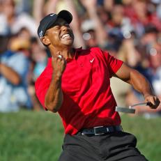 Ferazzi, Gina –– – LA JOLLA, CA – JUNE 15, 2008: Tiger Woods reacts as he sinks a birdie putt on the 18th hole to force a playoff with Rocco Mediate during the final round of the U.S. Open at Torrey Pines in La Jolla on June 15, 2008.(Gina Ferazzi/Los Angeles Times)