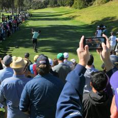 PACIFIC PALISADES, CA - FEBRUARY 18: Fans watch Patrick Cantlay hittting a tee shot on the fifth hole during the final round of the Genesis Open at Riviera Country Club on February 18, 2018 in Pacific Palisades, California. (Photo by Stan Badz/PGA TOUR)