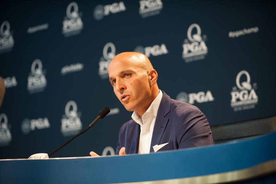 CHARLOTTE, NC - AUGUST 08: PGA of America CEO, Pete Bevcqua speaks during a Press Conference announcing a date change for future PGA Championships at the 99th PGA Championship held at Quail Hollow Club on August 8, 2017 in Charlotte, North Carolina. (Traci Edwards/PGA of America via Getty Images)