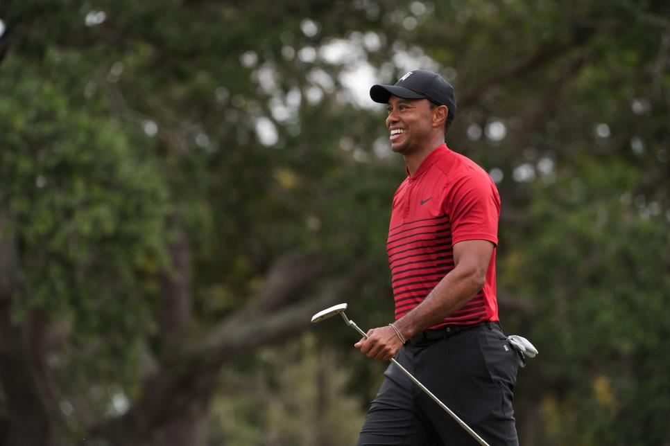 PALM HARBOR, FL - MARCH 11: Tiger Woods reacts to making a birdie putt on the 17th green during the final round of the Valspar Championship at Innisbrook Resort (Copperhead) on March 11, 2018 in Palm Harbor, Florida. (Photo by Ryan Young/PGA TOUR)